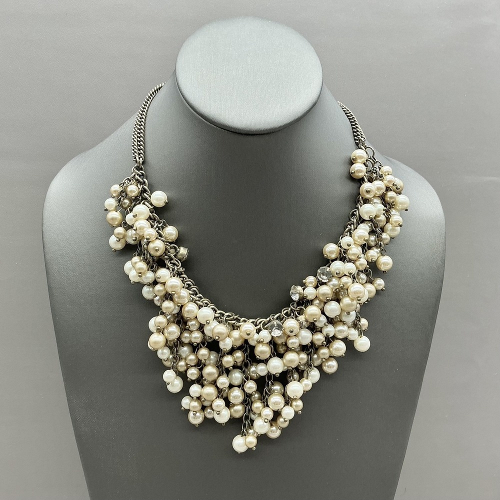 LOFT Necklace Off White Imitation Pearl Cluster Bib Statement Gold Tone Womens